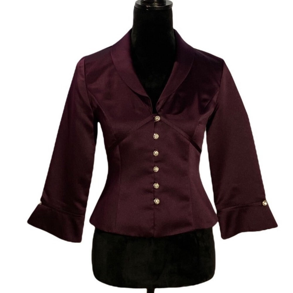 J.R. Nites 4P Button Down Shirt Blouse Solid Dark Purple 3/4 SL Casual Night Out